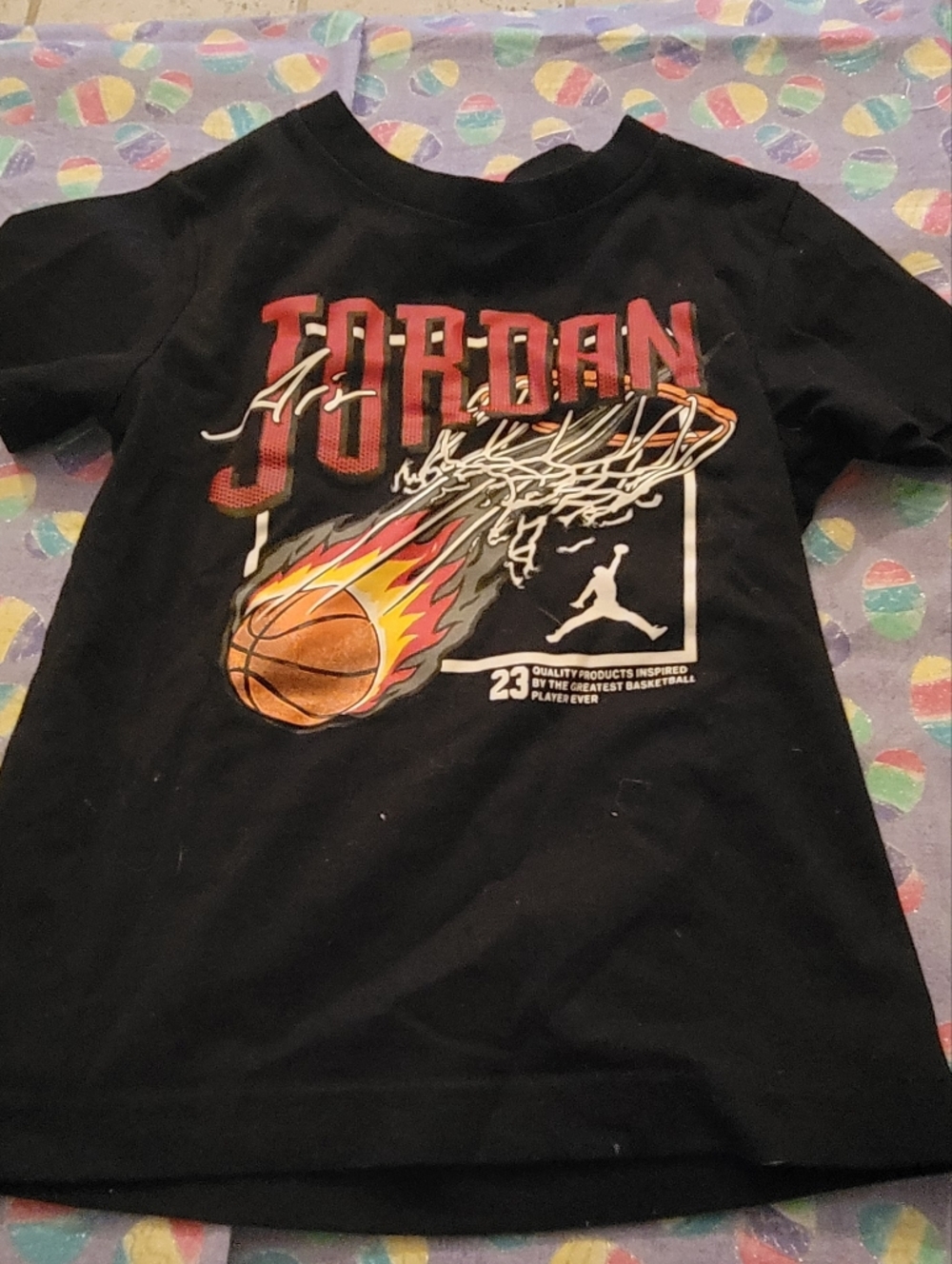 Boys Size 4 Jordan Kids' Black Tee with Flaming Basketball Graphic